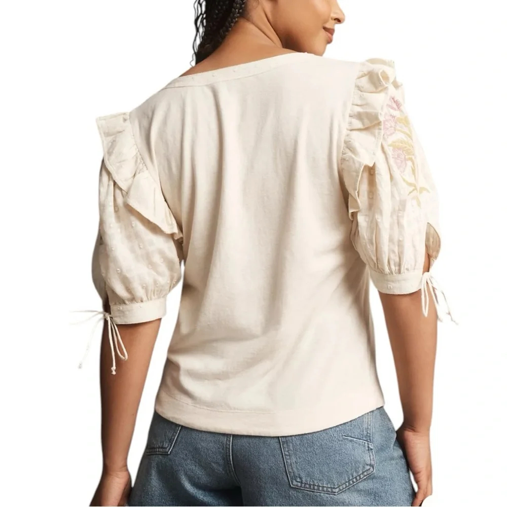 By Anthropologie Embroidered Elbow Puff-Sleeve Top size XL Cream Floral NWT
